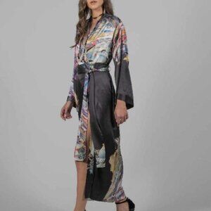 Vivian Paintbrush Print Silk Dress Kimono In Multi Color